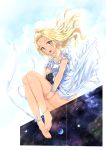  1girl ankle_ribbon anklet bare_legs barefoot black_cat blonde_hair blue_eyes blush cat commentary_request dress earrings feet hair_ornament highres jewelry kazeno long_hair looking_at_viewer necklace open_mouth original ribbon sitting smile solo toes white_dress 