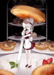  1girl absurdres animal_ears dress food fork highres maid original ozyako pale_skin ponytail red_eyes solo sweets tail white_hair white_skin 