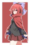  1girl :o blush bow breasts cape cowboy_shot eyebrows_visible_through_hair from_side hair_between_eyes hair_bow high_collar highres kz_oji large_bow looking_at_viewer miniskirt outline outside_border parted_lips red_eyes sekibanki short_hair skirt small_breasts solo touhou tunic white_outline 