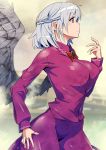 1girl bow bowtie braid breasts contrapposto dress eyebrows_visible_through_hair french_braid highres kishin_sagume large_breasts long_sleeves purple_dress red_eyes silver_hair single_wing touhou umigarasu_(kitsune1963) wings 