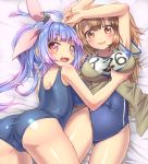  2girls all_fours armpit_peek ass blue_hair breasts brown_eyes brown_hair covered_navel fang groping hair_ribbon hairband i-19_(kantai_collection) i-26_(kantai_collection) kantai_collection large_breasts light_brown_eyes light_brown_hair long_hair lying multiple_girls name_tag new_school_swimsuit old_school_swimsuit one-piece_swimsuit red_eyes ribbon ruku_rx sailor_collar school_swimsuit shiny shiny_skin short_sleeves star star-shaped_pupils swimsuit swimsuit_under_clothes symbol-shaped_pupils tri_tails twintails two-tone_hairband two_side_up 