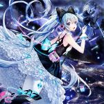  1girl :d amatsukiryoyu aqua_bow back bangs bare_shoulders black_bow black_dress blue_eyes blue_hair boots bow breasts broken cable city_lights cross-laced_footwear diamond_(shape) dress eyelashes floating_hair flying frills glint gloves glowing hair_between_eyes hair_bow hatsune_miku headp headphones high_heel_boots high_heels holding long_hair looking_at_viewer magical_mirai_(vocaloid) microphone_stand midair night night_sky open_mouth outdoors pantyhose petticoat print_legwear shards sky sleeveless sleeveless_dress small_breasts smile solo star_(sky) starry_sky thigh_strap too_many too_many_frills twintails unplugged very_long_hair vocaloid white_gloves white_legwear 