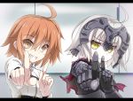  2girls ahoge armor bangs belt black_gloves black_legwear blonde_hair brown_eyes brown_hair capelet closed_mouth commentary_request eyebrows_visible_through_hair fate/grand_order fate_(series) frown fujimaru_ritsuka_(female) gauntlets gloves grin hair_between_eyes hands_up headpiece jeanne_alter koi_dance long_hair long_sleeves looking_at_viewer multiple_girls orange_hair parody ruler_(fate/apocrypha) short_hair short_sleeves side_ponytail smile suzuri_(tennenseki) upper_body white_hair yellow_eyes 