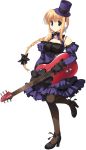  1girl bare_shoulders blonde_hair bow bowtie braid character_request choker dress electric_guitar full_body gloves green_eyes guitar hat high_heels highres holding instrument long_hair pantyhose single_braid solo to_heart_2 to_heart_2_dungeon_travelers transparent_background 