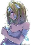  1girl bandage bandaged_arm bandaged_head bare_shoulders blonde_hair breasts collarbone eyepatch flip_flappers from_side jpeg_artifacts looking_at_viewer mataichi_matarou multicolored_hair profile serious shirt shirt_slip short_hair simple_background sketch sleeveless sleeveless_shirt small_breasts solo strap_pull strap_slip streaked_hair twitter_username undressing upper_body violet_eyes white_background yayaka 