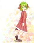  1girl absurdres animal_ears commentary_request dog_ears dog_tail dress green_eyes green_hair highres kasodani_kyouko kurenaiattack looking_at_viewer open_mouth shoes signature skirt smile socks tail touhou traditional_media walking 
