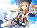 1girl bag blonde_hair braid day dress duffel_bag green_eyes hat highres lasa_(lasa1116) lillie_(pokemon) long_hair panties pokemon pokemon_(creature) pokemon_(game) pokemon_sm rowlet see-through sky sleeveless sleeveless_dress smile sun_hat thighhighs twin_braids underwear white_dress white_hat