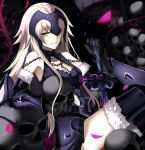 armor armored_dress bangs black_gloves black_legwear blonde_hair blurry breasts chains depth_of_field dress elbow_gloves fate/grand_order fate_(series) fur-trimmed_gloves fur-trimmed_legwear gauntlets gloves headpiece highres holding_skull jeanne_alter long_hair looking_at_viewer medium_breasts parted_lips petals ruler_(fate/apocrypha) shiguru sitting sleeveless sleeveless_dress thigh-highs yellow_eyes 