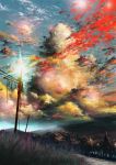  absurdres cable clouds cloudy_sky day fantasy grass highres mountain no_humans original outdoors pajaman pine_tree power_lines road scenery sky tree 