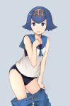  1girl :o absurdres bangs bare_arms bare_shoulders black_swimsuit blue_eyes blue_hair blue_pants blush bright_pupils contrapposto crop_top grey_background hair_between_eyes hairband highres koretsuki_aduma looking_at_viewer one-piece_swimsuit open_mouth pants pants_pull pokemon pokemon_(game) pokemon_sm sailor_collar shirt shoes short_hair simple_background sleeveless sleeveless_shirt solo suiren_(pokemon) swimsuit swimsuit_under_clothes trial_captain undressing 