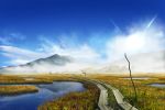  blue_sky blurry bridge clouds day depth_of_field flower fog highres landscape light_rays morning mountain nature no_humans original outdoors path pei_(sumurai) reflection road scenery silk sky spider_web sunlight swamp tree water 