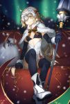  1girl black_gloves black_legwear blonde_hair blue_eyes christmas elbow_gloves fate/grand_order fate_(series) gloves hair_ribbon headpiece highres jeanne_alter jeanne_alter_(santa_lily)_(fate) long_hair looking_at_viewer ribbon ruler_(fate/apocrypha) santa_costume smile snow snowing solo thigh-highs yellow_eyes 