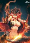  1girl 2016 anvil arm_up armpits artist_name bangs bare_shoulders black_background blacksmith blue_eyes breasts cleavage cowboy_shot dated dragon_girl dragon_tail eyebrows_visible_through_hair fire gem glowing groin hair_between_eyes hammer holding ilothe large_breasts long_hair looking_down lutherniel monster_girl motion_blur navel original red_eyes redhead scales signature solo sparks stomach tail very_long_hair 
