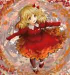  1girl aki_shizuha autumn autumn_leaves blonde_hair dated dress full_body hair_ornament leaf_hair_ornament long_sleeves outstretched_arms pantyhose red_dress shoes smile solo standing tikano touhou 