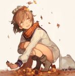  1girl :d acorn autumn autumn_leaves bag brown_eyes brown_hair commentary_request dress grey_background headgear high_heels kantai_collection leaf leaf_on_head long_sleeves open_mouth plastic_bag puffy_long_sleeves puffy_sleeves rom_(romshiro) sailor_collar sailor_dress scarf short_hair smile solo squatting white_dress yukikaze_(kantai_collection) 