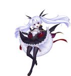  1girl bat_wings black_legwear cape detached_sleeves dress eden_(sennen_sensou_aigis) fangs floating_hair full_body gochou_(kedama) head_wings long_hair looking_at_viewer official_art open_mouth pointy_ears red_eyes sennen_sensou_aigis skirt skirt_lift solo thigh-highs transparent_background twintails vampire white_hair white_skin wings 