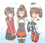 brown_hair cosplay costume_switch flat_chest hair_ribbon highres japanese_clothes kantai_collection kariginu muneate nedia_r ponytail ribbon ryuujou_(kantai_collection) ryuujou_(kantai_collection)_(cosplay) taihou_(kantai_collection) taihou_(kantai_collection)_(cosplay) trait_connection twintails visor_cap zuihou_(kantai_collection) zuihou_(kantai_collection)_(cosplay) 