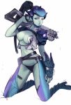  1girl absurdres black_hair boots breasts gun highres huan_tuo kneeling lips long_hair medium_breasts overwatch ponytail purple_skin rifle simple_background sniper_rifle solo weapon widowmaker_(overwatch) yellow_eyes 