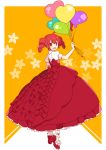  1girl ahoge ankle_cuffs balloon dress drill_hair frilled_dress frills full_body gown heart_balloon high_heels kasane_teto lolita_fashion long_dress looking_at_viewer open_mouth orange_background pink_hair puffy_short_sleeves puffy_sleeves red_eyes redhead short_sleeves simple_background smile solo twin_drills twintails utau yoshiki 