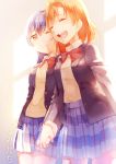  2girls ;) ^_^ bangs blazer blue_hair bow bowtie brown_eyes closed_eyes cover cover_page cowboy_shot doujin_cover hair_bow hand_holding highres interlocked_fingers jacket kousaka_honoka long_hair long_sleeves love_live! love_live!_school_idol_project multiple_girls one_eye_closed one_side_up open_mouth orange_hair red_bow red_bowtie skirt smile sonoda_umi striped striped_bow striped_bowtie tsubura yellow_bow yuri 