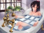  1girl ^_^ bare_tree bath bathing bathroom bathtub black_hair bow breasts cleavage closed_eyes collarbone commentary faucet hair_between_eyes hair_bow large_breasts legs_crossed light_rays maruhana nude one_eye_closed original pink_bow plant ponytail smile smiley_face snow solo steam tree violet_eyes window window_shade 