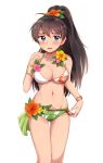  1girl bikini blue_eyes blush breasts brown_hair cleavage cowboy_shot floral_print flower ganaha_hibiki hair_flower hair_ornament hibiscus hiiringu idolmaster jewelry large_breasts long_hair looking_at_viewer navel necklace open_mouth ponytail simple_background solo standing strap_gap strap_lift swimsuit thigh_gap white_background 
