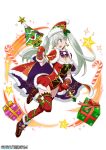  1girl blue_eyes blush boots box breasts cape christmas christmas_tree cleavage earrings elizabeth_liones gift gift_box gloves hair_over_one_eye hat jewelry leotard long_hair looking_at_viewer nanatsu_no_taizai santa_hat silver_hair thigh-highs twintails 
