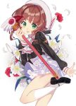  antenna_hair brown_hair card_captor_sakura cosplay flower fuuin_no_tsue green_eyes hat highres kinokoko-kino kinomoto_sakura kinomoto_sakura_(cosplay) magical_girl short_hair wand white_hat white_legwear 