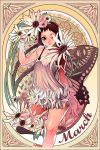  1girl art_nouveau bare_shoulders blue_eyes braid brown_hair butterfly_wings chkuyomi dress flower happy long_hair mucha-esque see-through smile solo twin_braids very_long_hair wings wink 