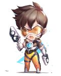  1girl brown_hair chibi full_body goggles gun highres looking_at_viewer overwatch short_hair simple_background solo spiky_hair standing tracer_(overwatch) tracyton weapon white_background 