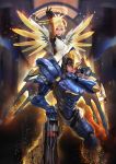  2girls blonde_hair broken_helmet cglas glowing mechanical_halo mechanical_wings mercy_(overwatch) multiple_girls overwatch pharah_(overwatch) power_armor rocket_launcher weapon wings 