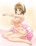  1girl alternate_hairstyle armpits artist_request bangs bare_legs barefoot blush breast_hold breasts brown_eyes brown_hair hairband idolmaster idolmaster_cinderella_girls idolmaster_cinderella_girls_starlight_stage large_breasts mimura_kanako outstretched_arm short_hair sitting smile solo sweat yokozuwari 