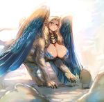  1girl all_fours animal_ears black_sclera blonde_hair blue_wings bow_(bhp) breasts cleavage feathered_wings gorget large_breasts lion_tail long_hair monster_girl original parted_lips paws pointy_ears solo_focus sphinx tail wings yellow_eyes 