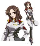  &gt;:d 00s 1girl :d ankle_boots blush boots brown_boots brown_eyes brown_hair captain_uniform full_body gundam gundam_seed hand_on_hip head_tilt long_sleeves murrue_ramius open_mouth pantyhose pencil_skirt serious simple_background skirt smile teeth uniform upper_body white_background 
