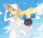  &gt;;o 1girl ami_(amis2cat) bare_arms blonde_hair blue_sky braid character_name clouds cloudy_sky collarbone collared_dress cosmog day dress eyebrows_visible_through_hair green_eyes hat highres kneehighs lillie_(pokemon) long_hair outdoors pokemon pokemon_(creature) pokemon_(game) pokemon_sm sky sleeveless sleeveless_dress sun_hat sundress twin_braids white_dress white_hat 