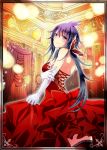  1girl blue_eyes blue_hair dress elbow_gloves gloves imca indoors long_hair looking_at_viewer lowres open-back_dress ponytail red_dress red_eyes senjou_no_valkyria senjou_no_valkyria_3 solo strapless strapless_dress thigh-highs watanabe_yuuna white_gloves 