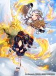  1boy 1girl artist_request breasts company_connection copyright_name dual_wielding elbow_gloves eyelashes fan fire fire_emblem fire_emblem_cipher fire_emblem_if gloves grey_hair hair_ornament hair_stick japanese_clothes long_hair looking_back midriff navel official_art orochi_(fire_emblem_if) red_eyes sky snow 