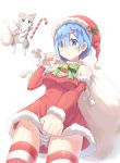  1girl 2429144768 alternate_costume blue_eyes blue_hair breasts cat christmas dress dress_tug fur_trim gift_bag hair_ornament hair_over_one_eye hat highres looking_at_viewer looking_down medium_breasts merry_christmas pack_(re:zero) panties pantyshot puck_(re:zero) re:zero_kara_hajimeru_isekai_seikatsu red_dress rem_(re:zero) ribbon sack santa_costume santa_hat short_hair simple_background standing striped striped_legwear striped_panties thigh-highs underwear white_background x_hair_ornament 