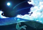  1girl ahoge aqua_hair clouds from_behind full_moon mermaid monster_girl moon night nude original outdoors partially_submerged reaching_out shooting_star short_hair sky solo star_(sky) starry_sky tatsumi412 underwater waves 