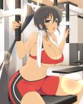  1girl armpits bangs bare_arms bare_shoulders bike_shorts bikini_tan black_hair blush breasts cleavage exercise from_side grey_eyes heavy_breathing homura_(senran_kagura) large_breasts long_hair looking_at_viewer looking_to_the_side navel official_art open_mouth ponytail senran_kagura senran_kagura_(series) senran_kagura_new_wave sitting solo sports_bra stomach sweat tan tanline towel towel_around_neck under_boob undersized_clothes yaegashi_nan 