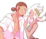  1boy 1girl blush brown_hair burnet_(pokemon) dark_skin eye_contact facial_hair glasses goatee hair_bun hetero husband_and_wife kukui_(pokemon) labcoat looking_at_another pectorals pokemon pokemon_(game) pokemon_sm sally_(luna-arts) smile upper_body wall_slam white_hair 