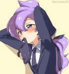  1girl arms_up black_gloves black_jacket black_necktie black_ribbon blazer blush collared_shirt eromame glove_in_mouth gloves hair_ribbon jacket lila_(pokemon) long_hair long_sleeves mouth_hold necktie pokemon pokemon_(game) pokemon_sm purple_hair ribbon shirt solo twitter_username violet_eyes white_shirt yellow_background 