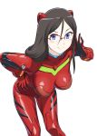  1girl adjusting_glasses black_hair blue_eyes bodysuit breasts cosplay crossover female gainax glasses hair_ornament hairpods hand_on_hip hibike!_euphonium impossible_clothes kyoto_animation large_breasts leaning leaning_forward long_hair looking_at_viewer name_connection namesake neon_genesis_evangelion over-rim_glasses pilot_suit plugsuit red-framed_eyewear red_bodysuit semi-rimless_glasses shiny shiny_clothes shiny_hair simple_background skin_tight smile solo souryuu_asuka_langley souryuu_asuka_langley_(cosplay) standing takarajimasha tanaka_asuka tokyo_mx ueyama_michirou white_background 