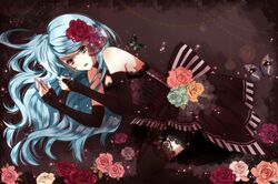  1girl an-mar bad_id black_dress black_legwear blue_eyes blue_hair detached_sleeves dress flower garter_straps hair_flower hair_ornament hatsune_miku highres long_hair lying on_side red_flower solo thigh-highs tsukumo_(an-mar) vocaloid 