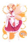  1girl :o barefoot blush bow breast_hold breasts dress erect_nipples fairy_wings furim hair_bow headdress highres large_breasts layered_dress long_skirt looking_at_viewer older orange_hair pink_eyes self_fondle short_hair skirt solo standing sun_print sunny_milk tiptoes touhou twintails wide_sleeves wings 
