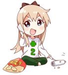  &gt;:d :d blonde_hair blue_eyes blush_stickers cellphone chibi chips cleaning food full_body indian_style long_hair long_sleeves looking_to_the_side lowres namori number open_mouth pajamas pants phone potato_chips shirt simple_background sitting smartphone smile talking_on_phone toshinou_kyouko white_background yuru_yuri 