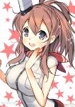  1girl blue_eyes breast_pocket breasts brown_hair dress highres kantai_collection large_breasts long_hair looking_at_viewer naitou_ryuu open_mouth red_neckerchief saratoga_(kantai_collection) side_ponytail smile star star-shaped_pupils symbol-shaped_pupils white_dress 