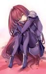  1girl breasts fate/grand_order fate_(series) highres legs_together long_hair looking_at_viewer open_mouth purple_hair red_eyes scathach_(fate/grand_order) shimo_(s_kaminaka) sitting smile solo 