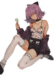  1girl aruterra bare_shoulders blue_eyes bow breasts candy food hair_bow high_waisted_pants highres lollipop looking_at_viewer off_shoulder open_mouth original purple_hair simple_background sitting solo thigh-highs white_background white_legwear 