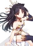  1girl adjusting_hair arm_support armlet asymmetrical_legwear asymmetrical_sleeves bare_shoulders black_hair breasts cleavage detached_sleeves earrings fate/grand_order fate_(series) female from_above gem hair_ribbon highres hoop_earrings ishtar_(fate/grand_order) jewelry legs_crossed long_hair looking_at_viewer looking_up medium_breasts neck note_(aoiro_clip) pelvic_curtain red_eyes revealing_clothes ribbon simple_background single_sleeve single_thighhigh sitting smile solo strapless thigh-highs tohsaka_rin two_side_up white_background 